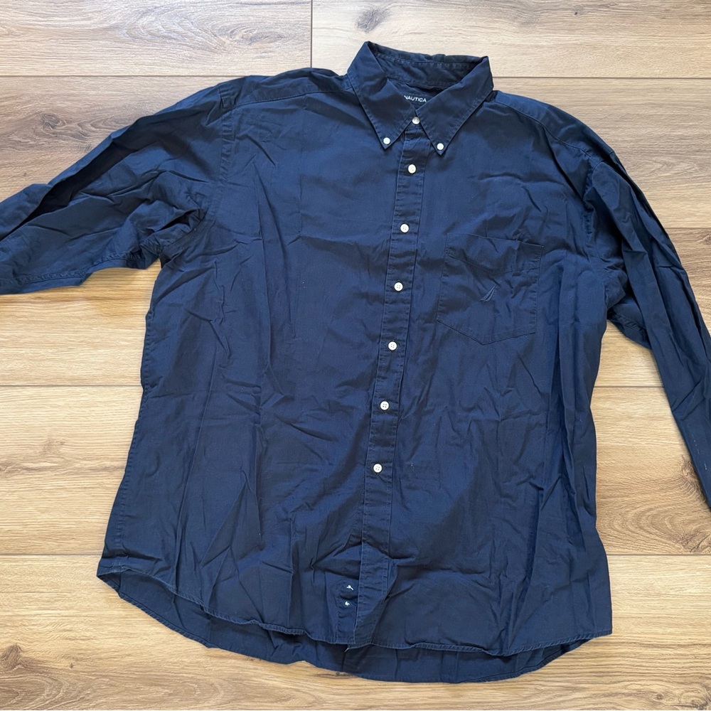Men's Nautica 100% Cotton Button Down Shirt Solid Navy Blue Long Sleeve 2X Big
